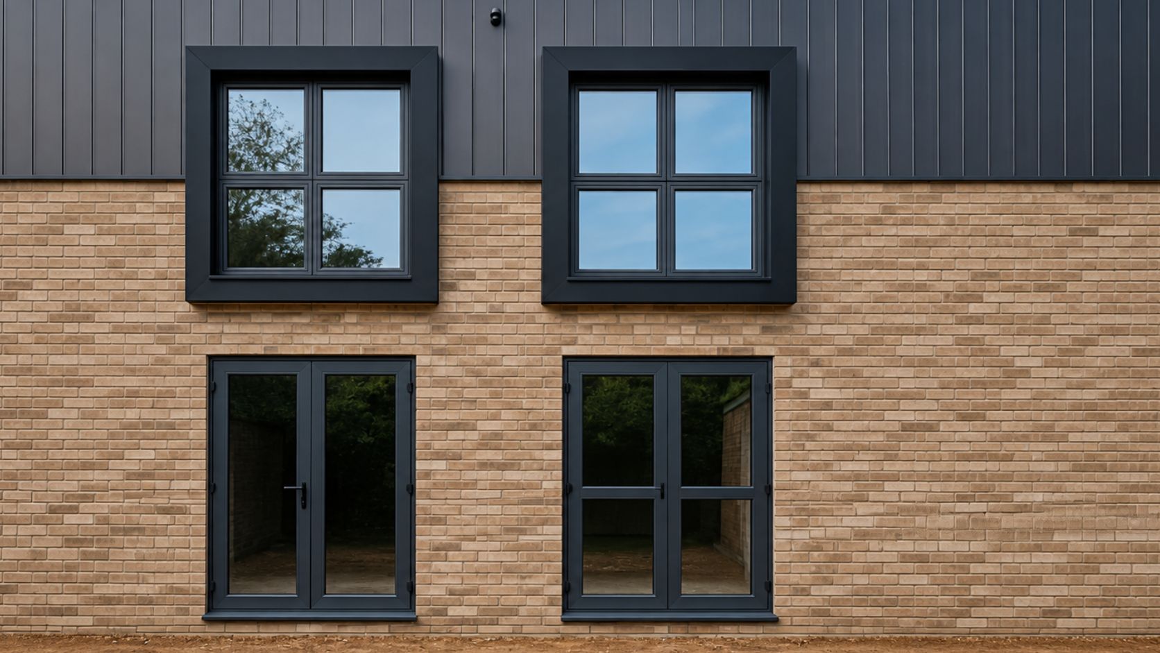 Close-up of dark grey aluminium window surrounds showing mitred corners around a four-pane window