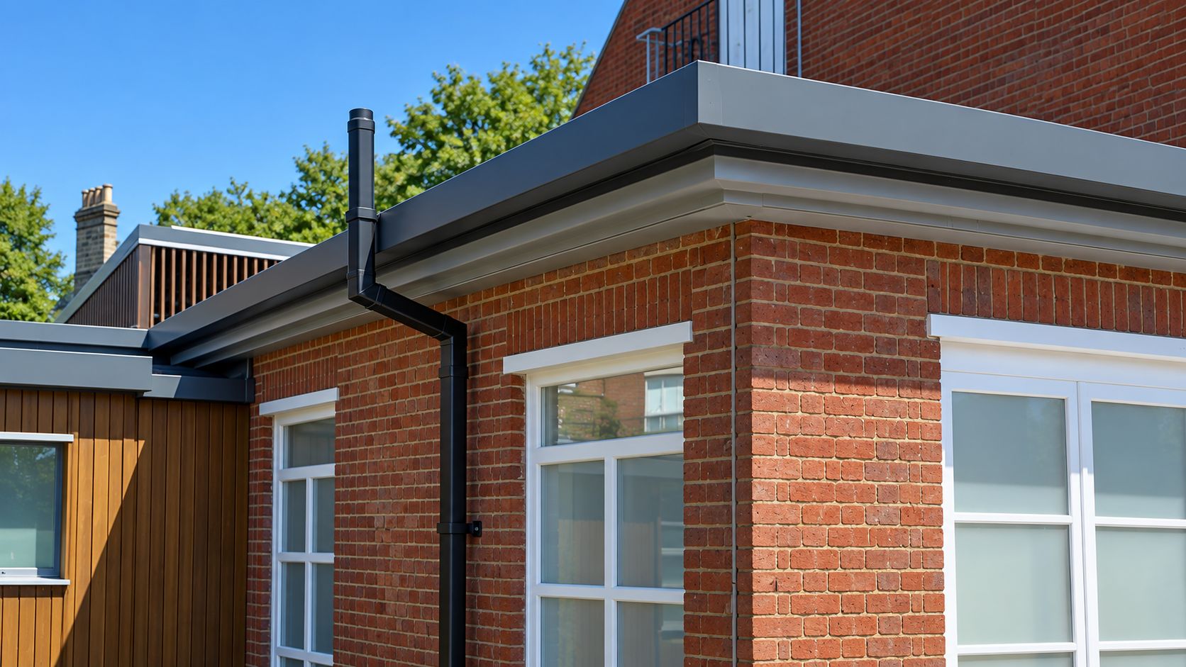 Box Gutter Material installed along the roofline of a brick educational building with covered outdoor access