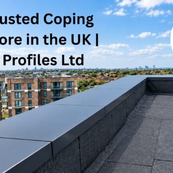 Coping superstore by Metal Profiles Ltd showing dark grey aluminium coping installed on a UK flat roof parapet.