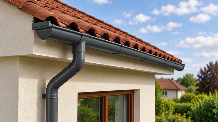 Grey Round Downpipe: A Complete Guide to Choosing Aluminium Rainwater Pipes 5 Grey round downpipe fitted beneath fascia with matching guttering