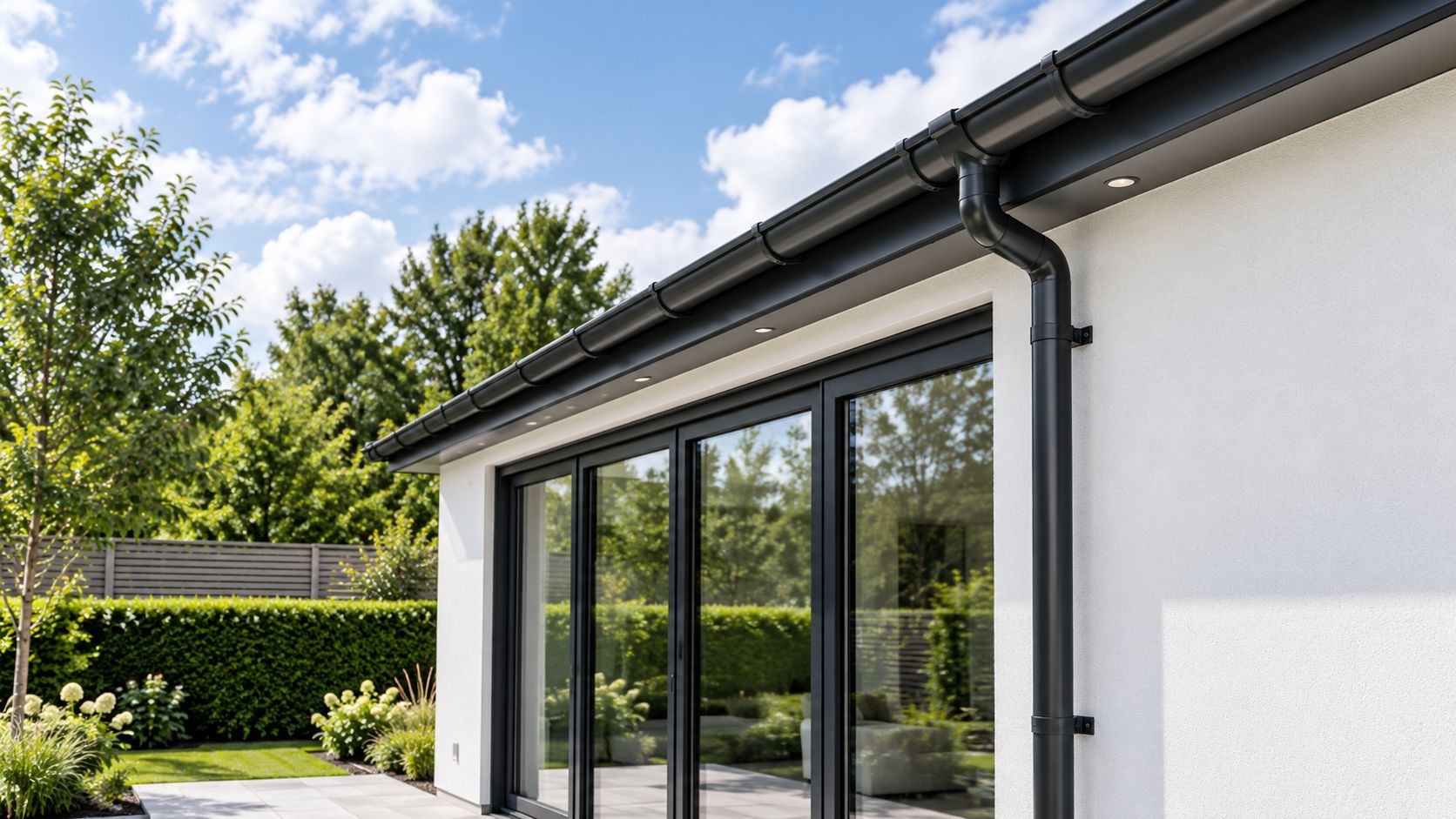 Grey round downpipe components for modern rainwater systems