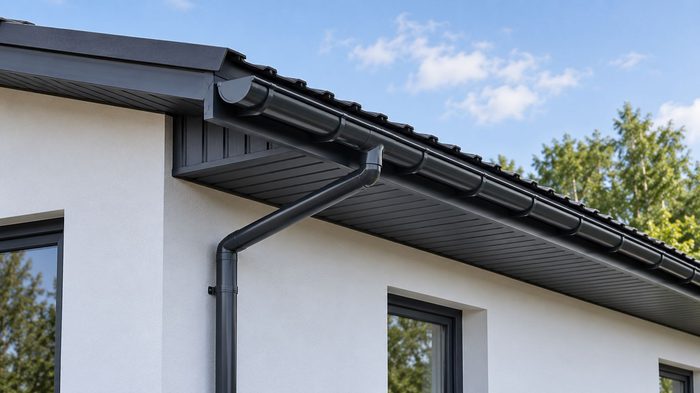 Grey Round Downpipe: A Complete Guide to Choosing Aluminium Rainwater Pipes 7 Grey round downpipe connected to roof guttering on a residential property