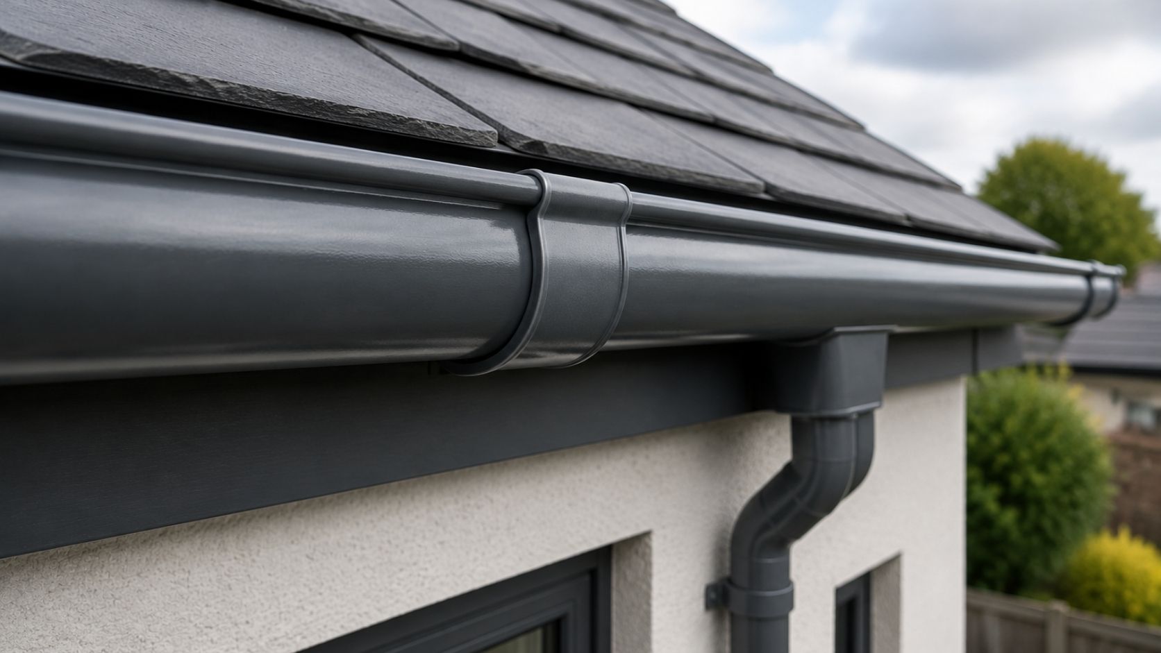 Gutter union connecting aluminium gutter sections in a complete UK rainwater system, showing a secure joint fitting designed for reliable roof drainage and smooth water flow.