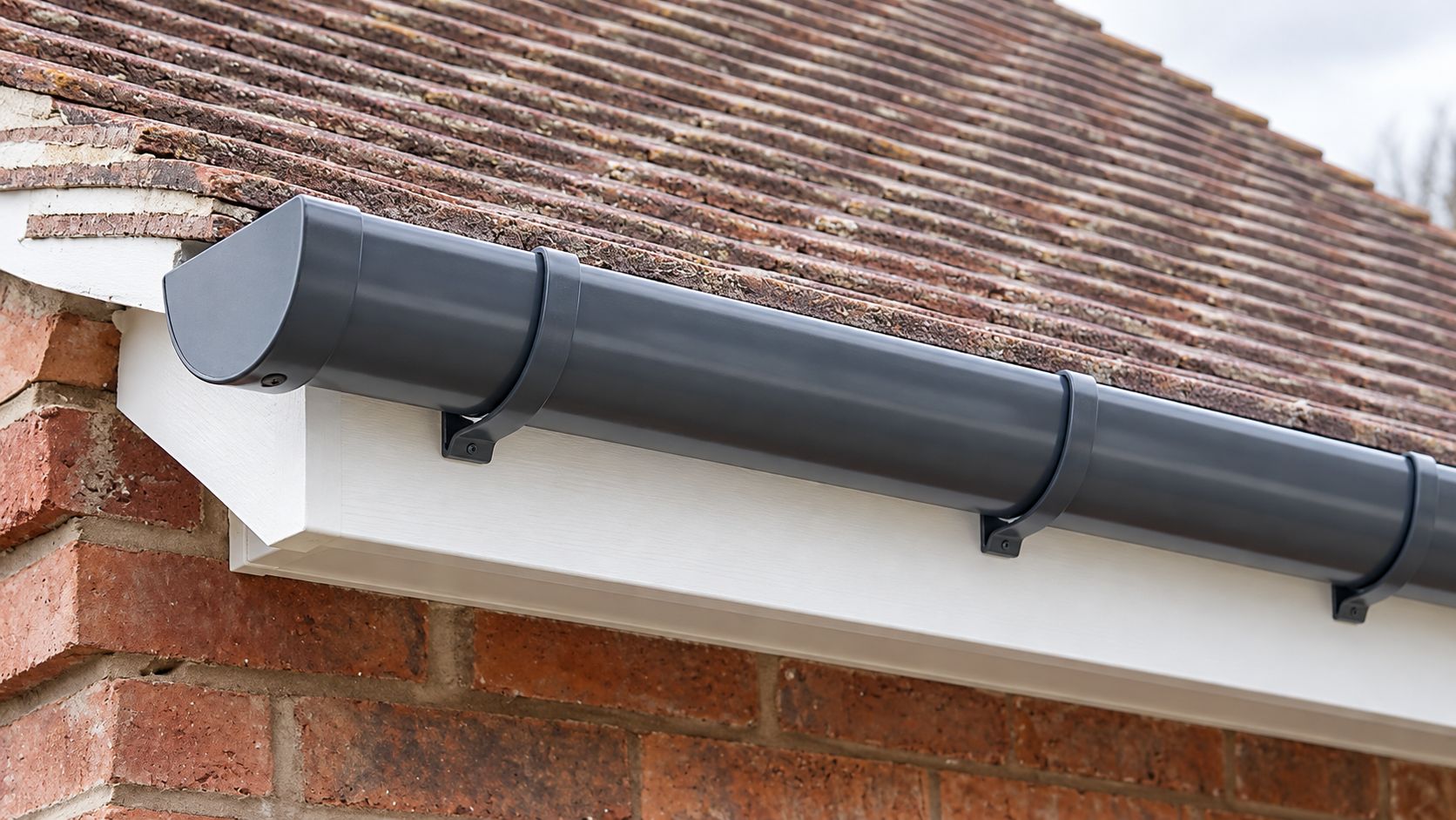 Dark grey half round gutter installation along white fascia above a veranda with white supporting posts