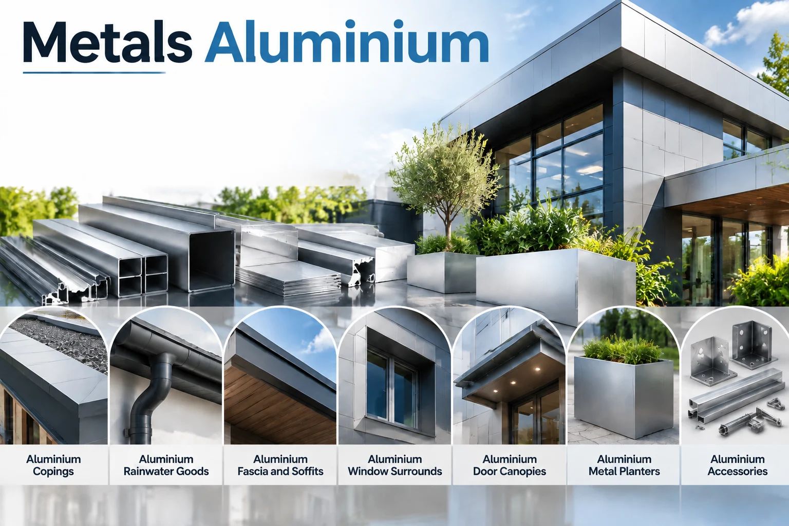 Metals Aluminium construction products including aluminium profiles, roof systems, planters and architectural solutions for modern buildings