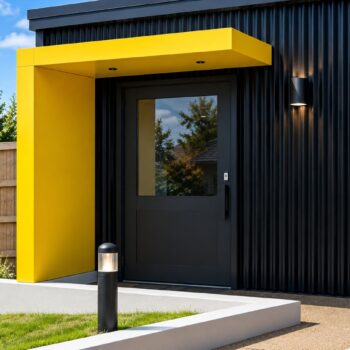 Yellow aluminium Door Canopy above a modern black entrance on a contemporary UK home