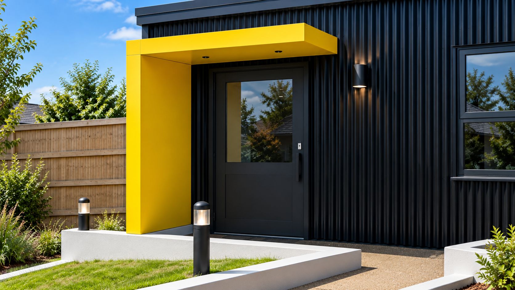 Yellow aluminium Door Canopy above a modern black entrance on a contemporary UK home